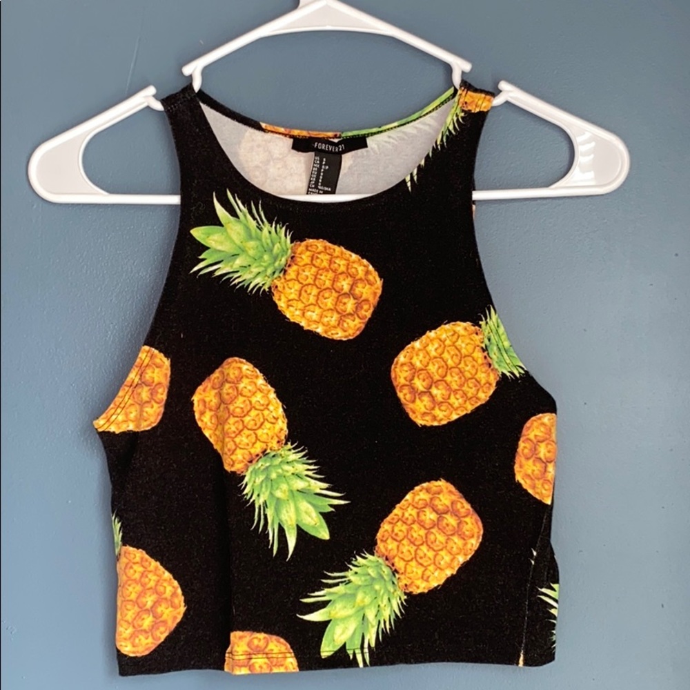 Cropped Black Tank with Pineapple Print